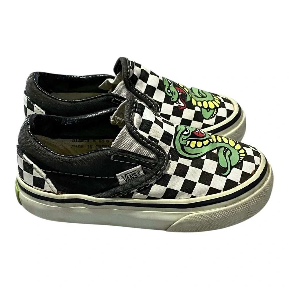 Vintage Vans Checkerboard Slip On Sneakers Toddler Size 6.5 Custom Snake Graphic